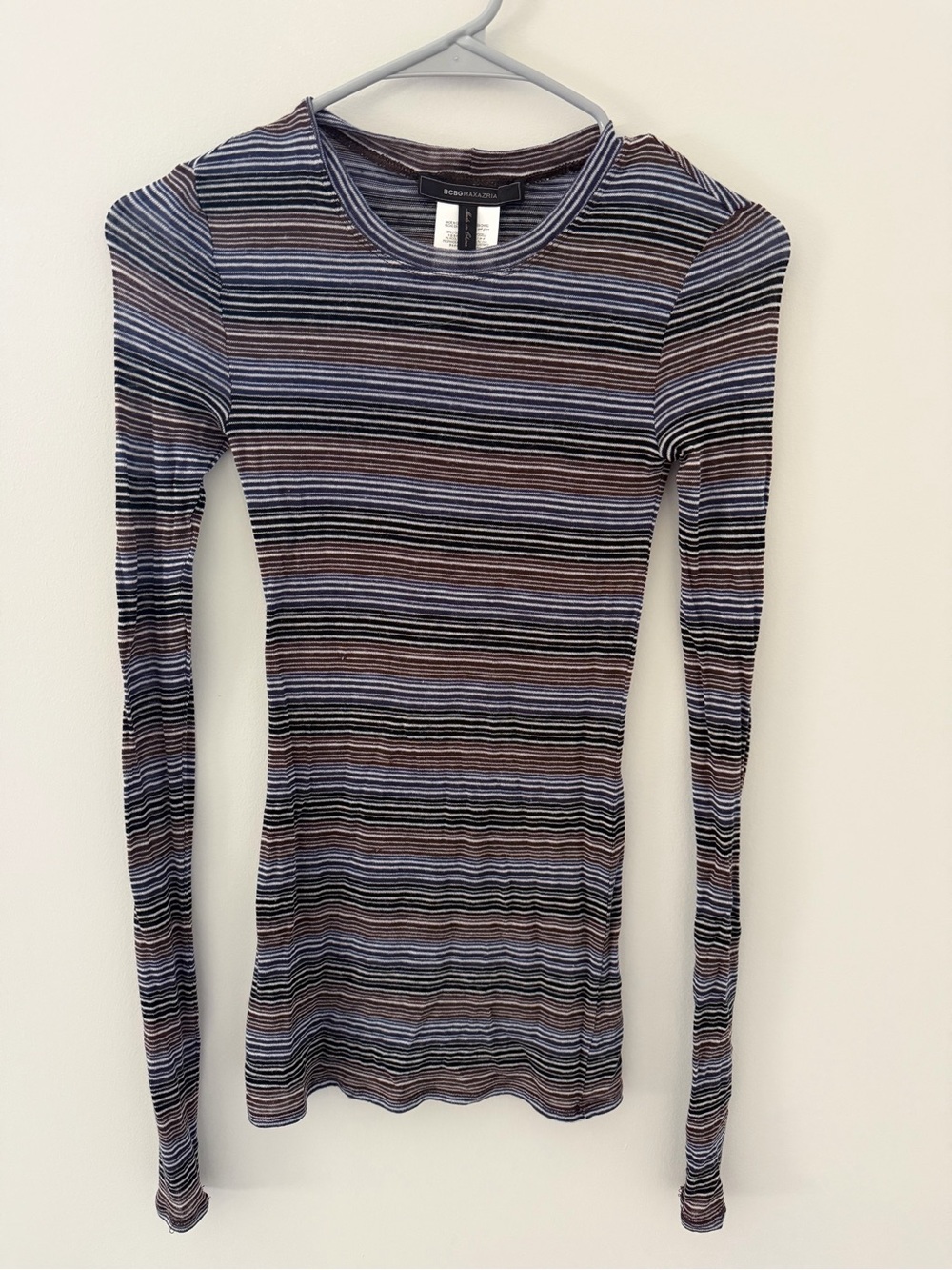 BCBGMaxAzria Striped Ribbed Long-Sleeve Top in Blue and Brown